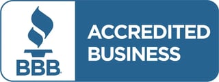 BBB Accredited Business logo with blue and white design featuring torch symbol