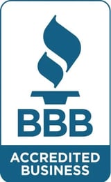 BBB Accredited Business logo featuring two blue flame shapes above the BBB letters and accredited business text